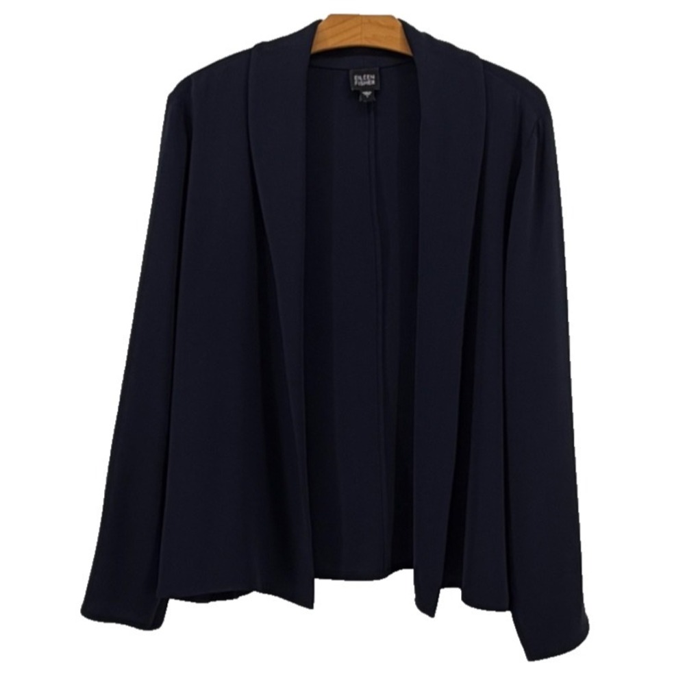 Eileen Fisher Silk Knit Open Cardigan L Navy Shawl Collar Stretch Jacket Large